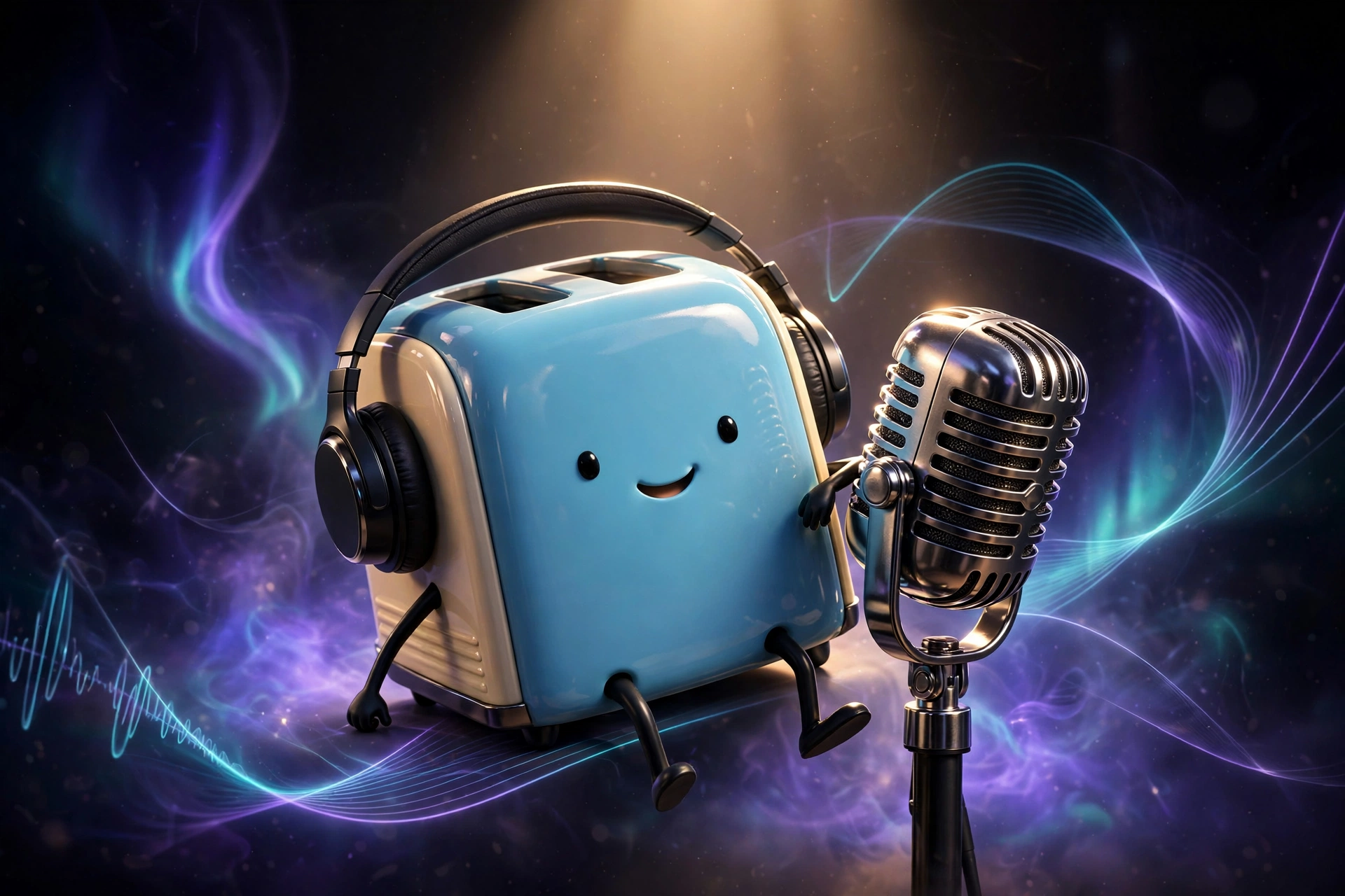 Mascotte interview.reorg : un grille-pain bleu rétro avec un casque micro, devant un micro de studio, sur fond violet et bleu